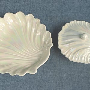 Vintage Maddux Pottery of California -  Pearlescent Ceramic Lidded Dish 3032 and Serving Tray 3089 Seashell Shaped Serving Ware