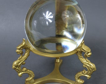 Vintage Glass Crystal Ball w/ Brass Dragon Stand - Crystal Ball, 4" w/ Solid Brass Stand, 4.75" Diameter & 4" Tall - Awesome Display