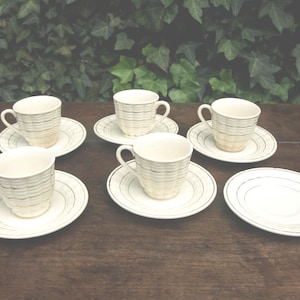 Vintage Mid-Century Japan Cream White Demitasse Set with Ribbed Design and Gold Trim – 5 Tea cups and 6 Saucer Plates