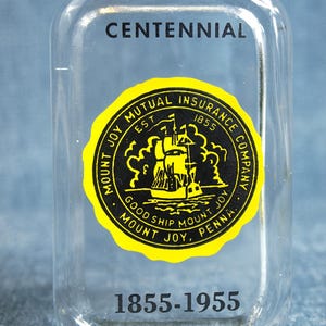 Centennial 1855 - 1955 Mount Joy Mutual Insurance Company Good Ship Mount Joy Penna presse-papier en verre souvenir