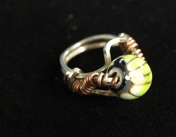 Vintage Art Glass & Sterling Silver Ring - Flamew… - image 5