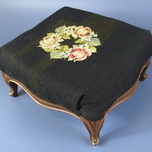 Vintage Queen Anne Style Needlepoint Covered Footstool, Reupholstered 12" by 13" by 7" high and in Very Good condition