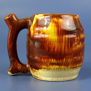 Vintage Stoneware Figural Barrel Mug with Brown Drip Salt Glaze over Sandstone Color