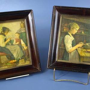 Vintage Albert Anker Reproduction Art Prints on Canvas in Solid Wood Frame - Young Lady Peeling Potatoes and Grandma Teaching Girl to Knit