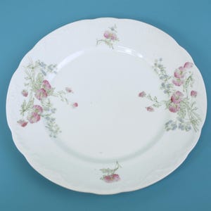Puede incluir: Plato de cerámica blanca con borde festoneado, decorado con motivos florales rosas y azules. El plato tiene un borde ancho y un centro ligeramente elevado. El diseño floral incluye flores rosas y detalles azules.