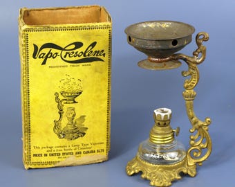 Antique Vapo-Cresolene vaporizer set with partial box & advertising label in Good Plus condition; missing miniature glass shade