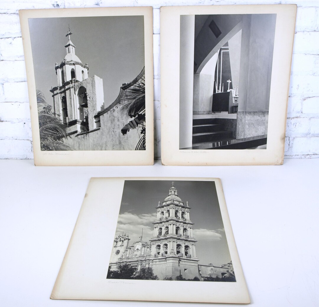 Three Vintage Large Black and White Photos of Churches Titled: Bell ...
