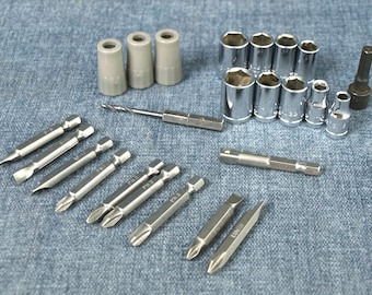 Vintage Lot of Assorted Drill Bits - 1/4" Socket Bit w/ 10 Sockets, Assorted Screwdriver Bits, 1/8" Drill Bit - 25 Pieces Total - Good Cond.