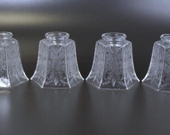 Vintage Clear Pressed Glass Hexagon Lamp Shades with 2 1/4" Fitter Set of 4 for Chandelier, Ceiling Light or Table / Floor Lamp