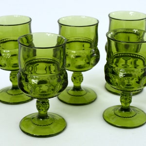 Vintage Tiffin Franciscan "King's Crown-Green" Set of 5 Water/ Wine Goblets, Circa 1960's - Excellent Condition MId Century Glassware
