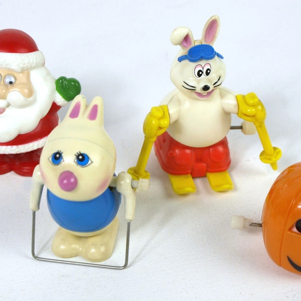 Vintage Wind Up Toys - Tomy / Russ / Bandai - Skiing Rabbit / Jump Roping Rabbit / Santa Clause / Jack-O-Lantern Circa 1970's - Lot of 4
