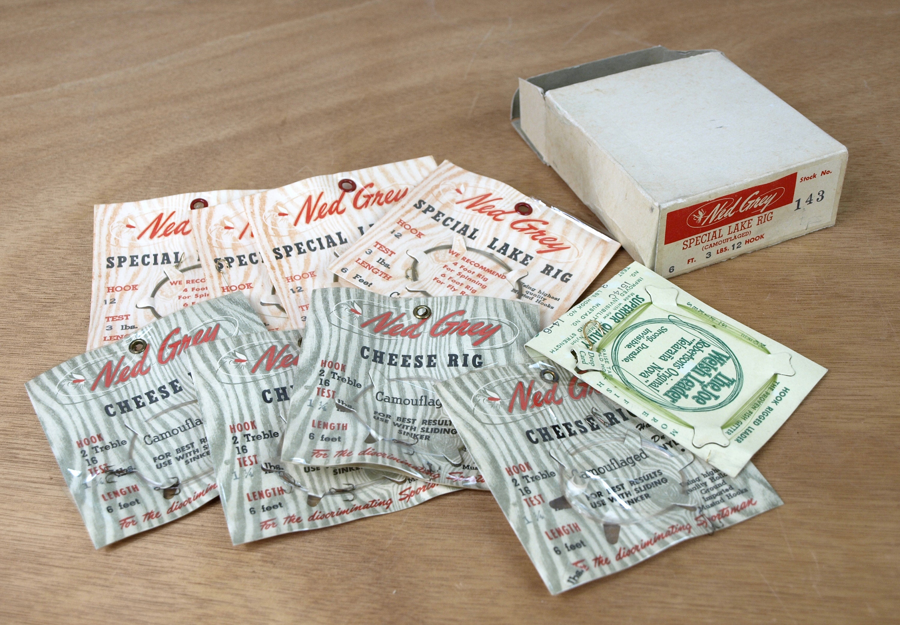 Vintage Ned Grey Mustad Hooks, New Old Stock - Special Lake Rigs & Cheese Rigs - 8 Pieces, Sealed plus Bonus Joe Welsh Hook Rigged Leader