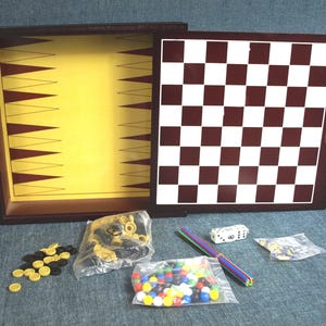 Multi Board Game Set in Wood Case w Slid Lid - Chess, Checkers, Chinese Checkers, Backgammon and More - Complete