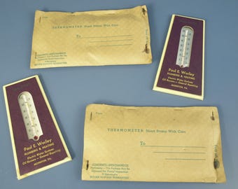 Vintage Hand Stamped Thermometer Advertisement with Original Envelopes - Paul E. Worley Plumbing and Heating - Set of 2