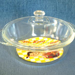 Vintage # 15 Fire King Ovenware 1 1/2 Quart Klarglas Auflaufform mit Knopfabdeckung - Anchor Hocking Klarglas Kochgeschirr - USA - Neu