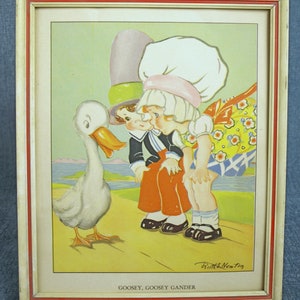 Vintage GOOSEY, GOOSEY GANDER Framed Print - Mother Goose Themed Illustration by Ruth E. Newton - No Glass - Good condition