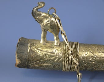 Antique Indian Large Elephant Head Tobacco Pipe Silver Plate Embossed Brass w a Long Stem In Good Condition Tobacciana