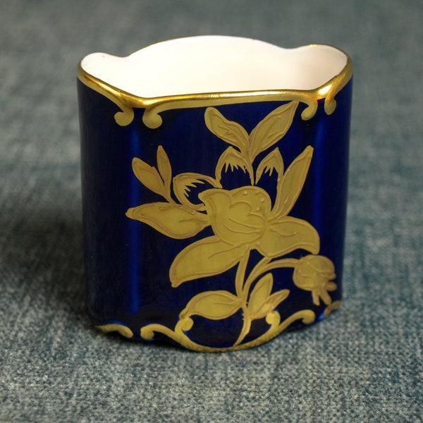 Vintage JLMenau Graf von Henneberg Porzellan Echt Kobalt Toothpick Holder - Made in Germany - Cobalt and Gold w Floral Design