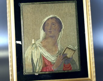 1900年代初頭頃の金箔額縁に入った聖母マリアのアンティークファイバー