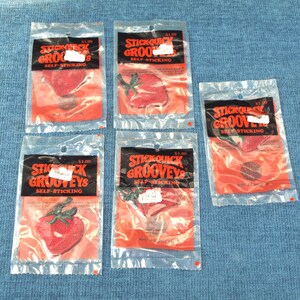 Vintage Mr. Patches Stick Quick Grooveys Self Sticking Strawberry Shaped Patches - in Original Packaging - set of 5
