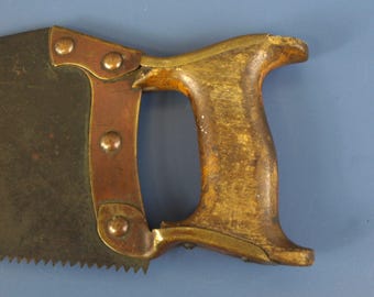 Antique Panel Saw with Reinforced Metal Wrapped Handle – 16.75” Blade Vintage Woodworking Tool Chest Hand Saw