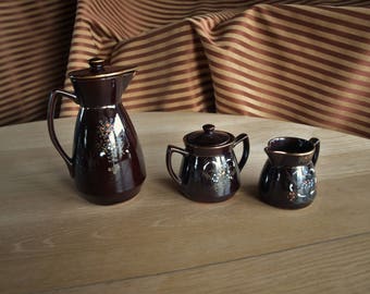 Vintage Japan Redware Brown Moriage 3 Piece Tea and Coffee Set – Teapot, Creamer, Sugar Bowl