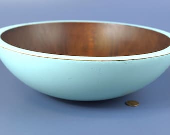 Vintage Baribocraft Robin's Egg Blue Painted Cherry Wood Butter, Fruit or Salad Bowl c 1970s Great Cond 11.75" Dia x 3.5" T Canada Made