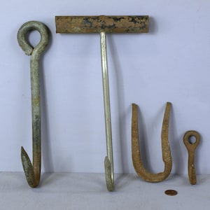 Antique Lot of Primitive Wrought Iron Farm Equipment Hay Bail Hook, Meat Hooks, Iron Staple - 10.75&quot;