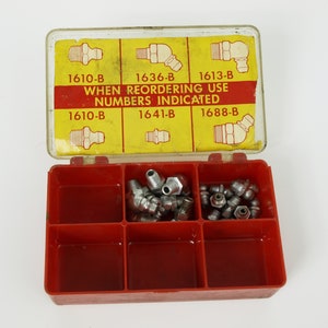 Vintage Genuine Alemite Grease Fittings in Plastic Case Circa 1960s - Includes 7 angle 1636-B and 10 1641-B straight
