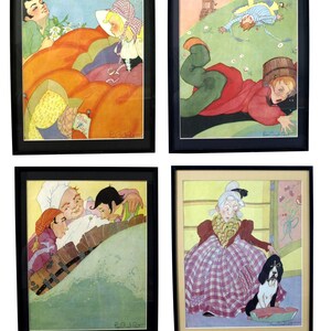 Farn Bisel Torf Leinen Druck Mutter Gans Geschichten Kinder Kunst - Peter Pumpkin Eater, Jack & Jill, Rub a Dub Dub und Mother Hubbard - gerahmt
