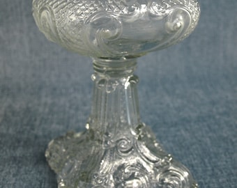 Antique Pressed Clear Glass Oil Lamp Base w/ Scrolling Leaf Medallion Pattern 1800s