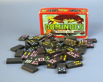 Zestaw zabytkowych kostek domina Halsam Double Nine Wood Dragon nr 920-HR w oryginalnym pudełku z 56 płytkami