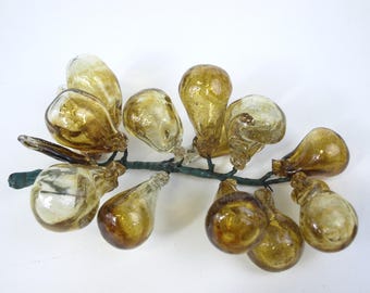 Vintage Amber Blown Art Glass Grapes Cluster with Wire Stems MCM