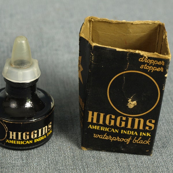 Vintage Higgins American India Ink Waterproof Black - Glass Bottle with Dropper Stopper and Box - No. 4415 - Half Full