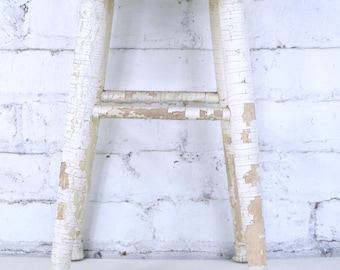 Vintage Swedish Rustic Painted Stool – Distressed White Pedestal Side Table | 15.5" high, 11.25" diameter