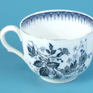 May include: White teacup with a blue floral design and a gold rim. The cup features a curved handle and a detailed pattern around the rim. The floral pattern includes leaves and flowers in shades of blue and gray.