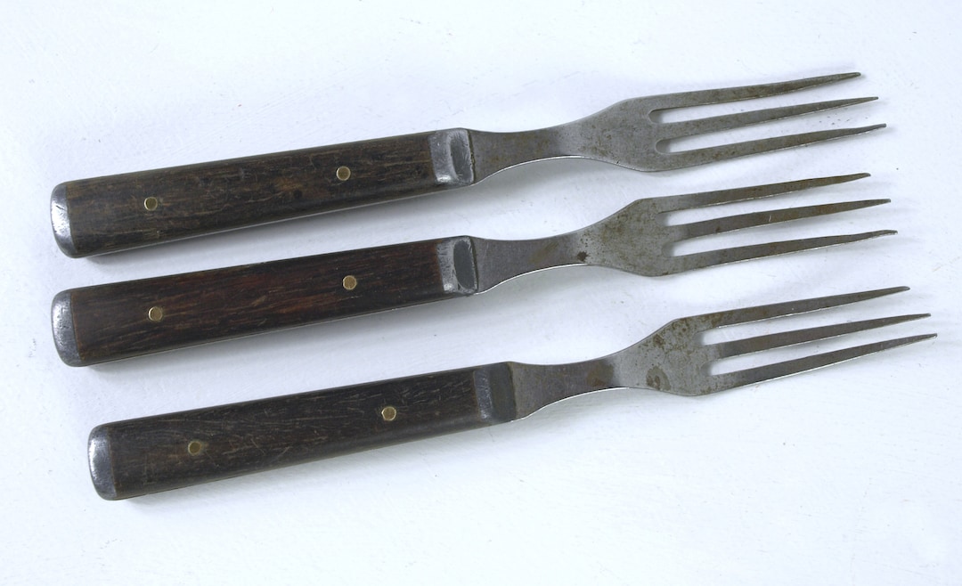 Antique Civil War Era Three Tine Forks, Set of 3 Steel & Wood Flatware