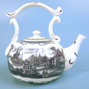Vintage Blue Transferware Teapot featuring a Castle Scene, Double Rampant Lion Shield Crown Mark | Made in England, VG condition with Lid