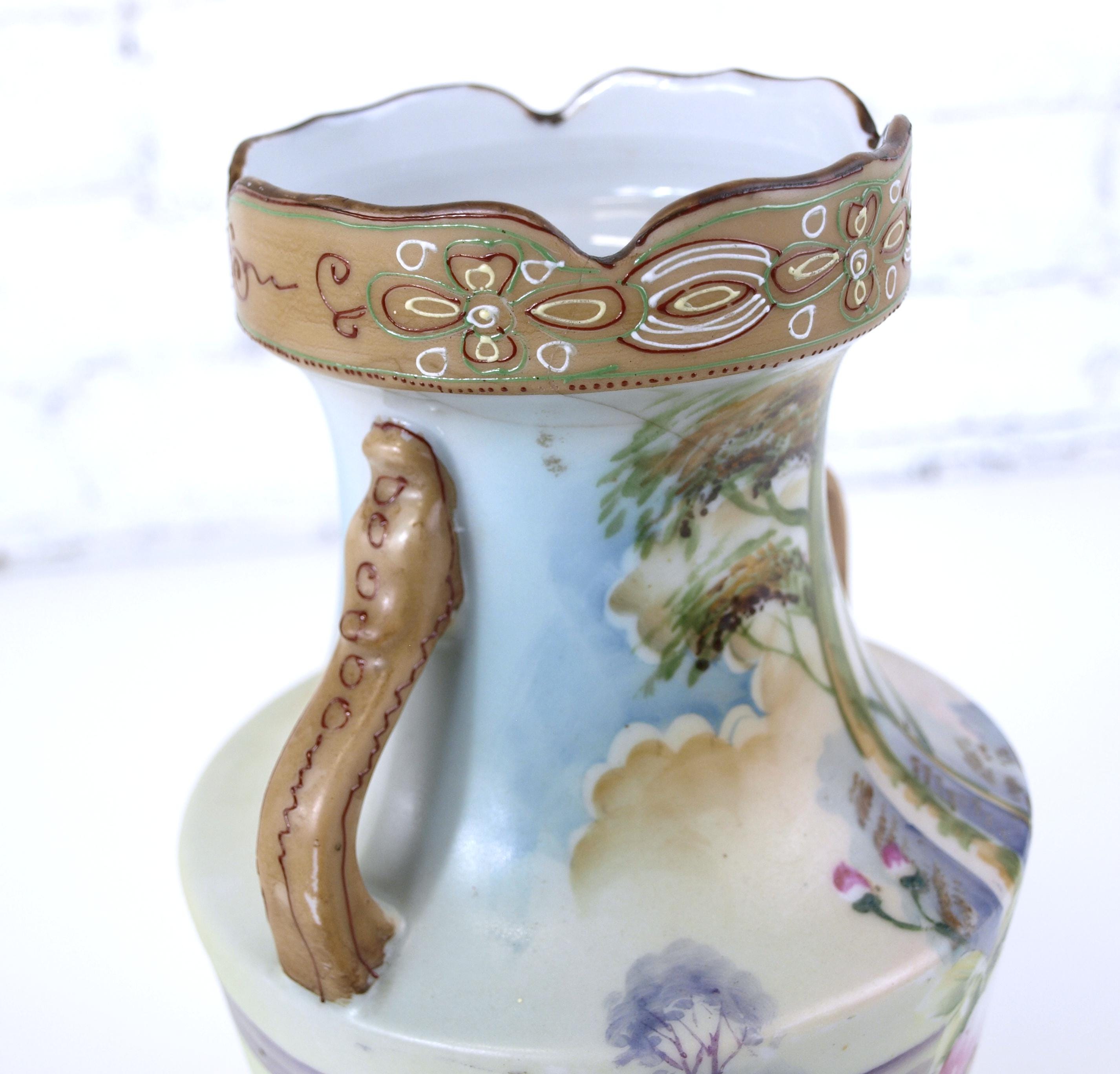 アンティーク 日本磁器 手描き ダブルハンドル花瓶 ペア 美しい花の