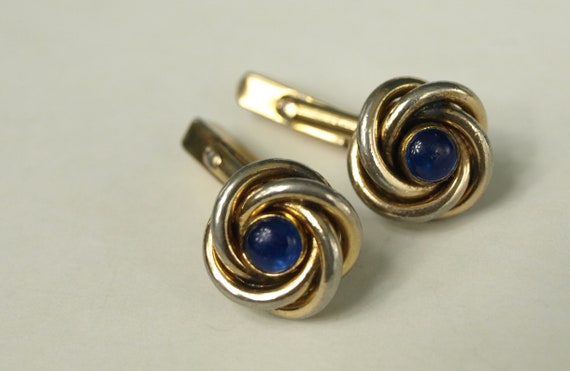 Vintage SWANK Cuff Links - Goldtone Knot with Blu… - image 4