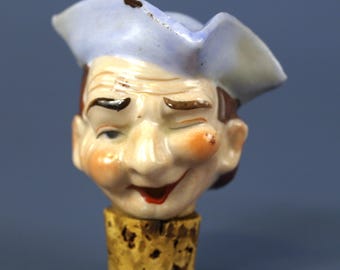 Vintage Porcelain Character of Winking Colonial Man Head Bottle Stopper Pourer Topper Made in Japan