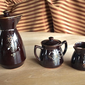 Vintage Japan Redware Brown Moriage 3 Piece Tea and Coffee Set – Teapot, Creamer, Sugar Bowl
