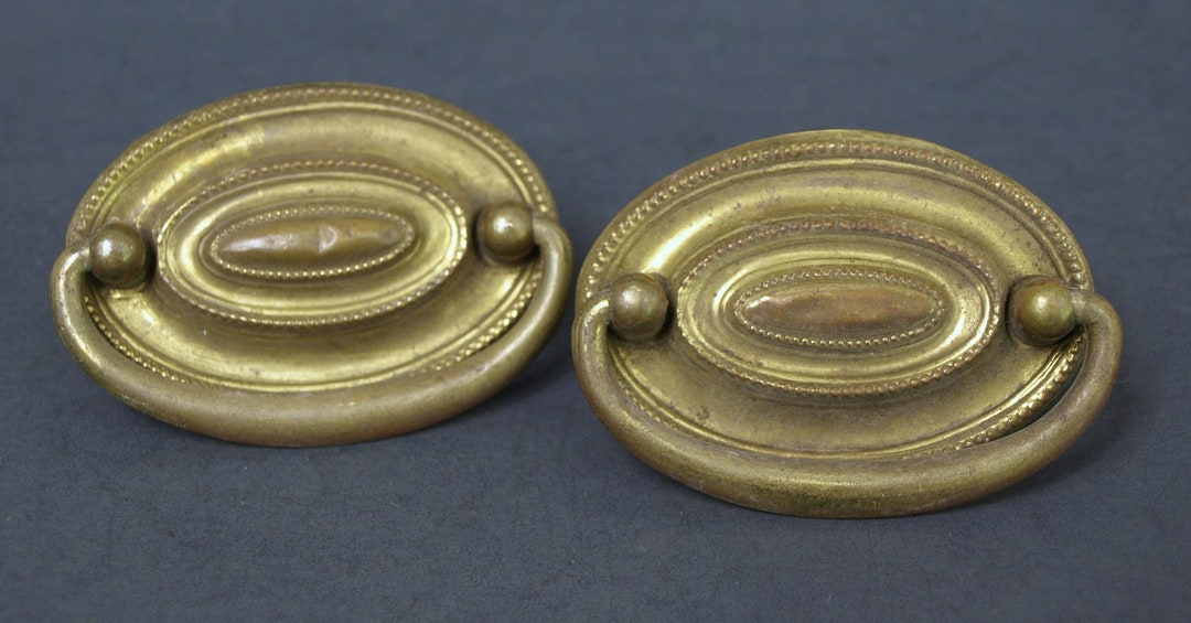 Vintage Pair of Brass Hepplewhite Drawer Pulls, Set of 2 2.5 Wide & 1.75 High W/ 2 Centers