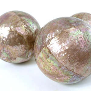Pink Mother of Pearl Decorative Mosaic Shell Ball Ornaments - Set of 3 in Graduated Sizes - Interior Decor - 2 at 5" dia and 1 at 4" dia