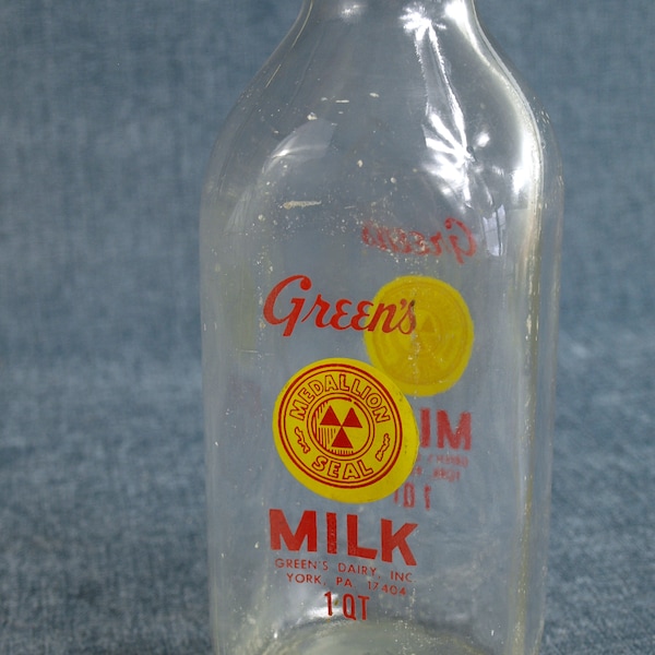 Vintage Green's Dairy, Inc. One Quart Milk Glass Bottle - York, PA with Medallion Seal - Very Good!