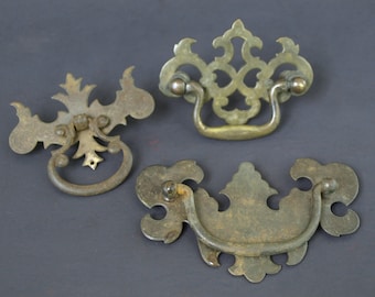 Antique Chippendale Style Brass Drawer Pulls, Lot of 3 - Asst. Chippendale Style Drawer Pulls -  Colonial Revival - Reclaimed Hardware, Good