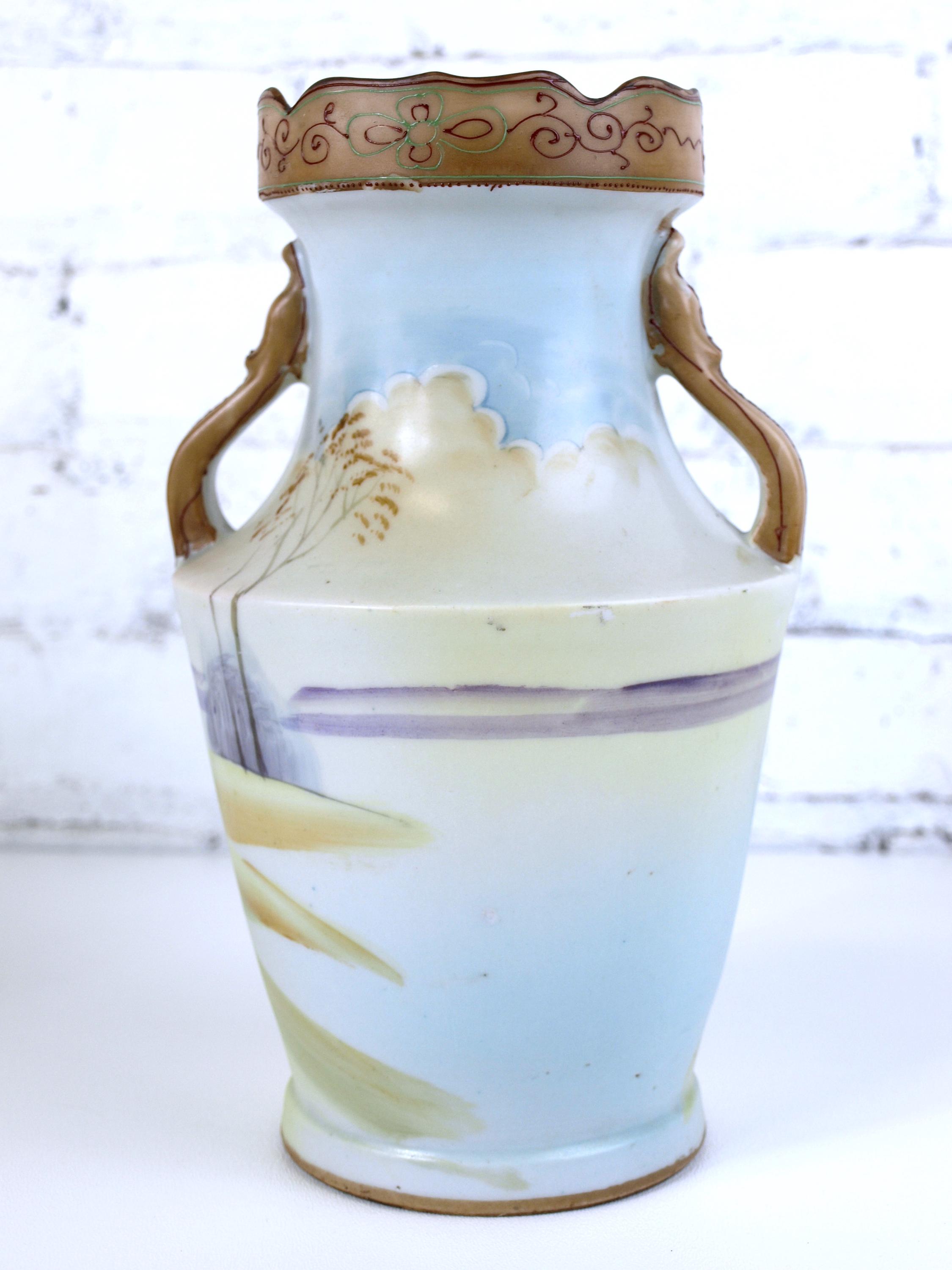 アンティーク 日本磁器 手描き ダブルハンドル花瓶 ペア 美しい花の