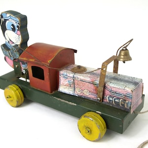 Vintage H.G. Allen Trix Loco-Trix No. 302 Pull Toy by Gong Bell Mfg. - Locomotive Train w/ Cartoon Conductor - Tin & Wood