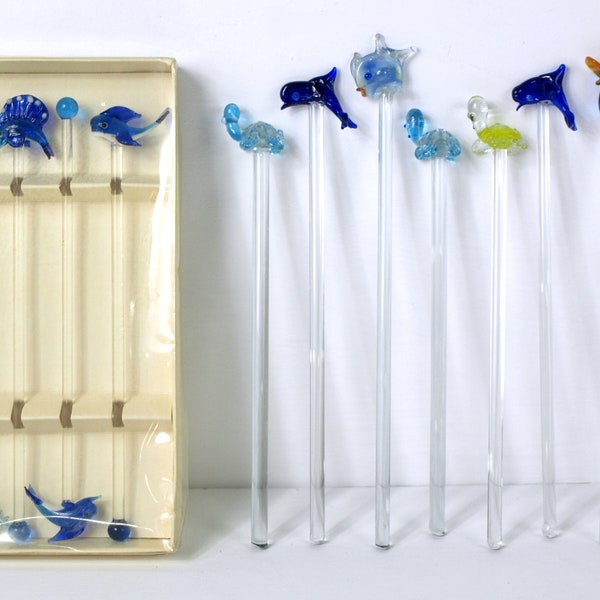 Vintage Lampwork Torched Art Glass Ocean Sea Life Animal Swizzle Stir Sticks / Rods - Lot of 12 - Dolphins, Fish, Marlin, Turtles and Bird