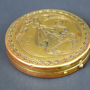 Antique Art Nouveau A Votive Offering Pompeian Beauty Powder Compact with Mirror & Goldtone Finish - Female Form Design - Rare